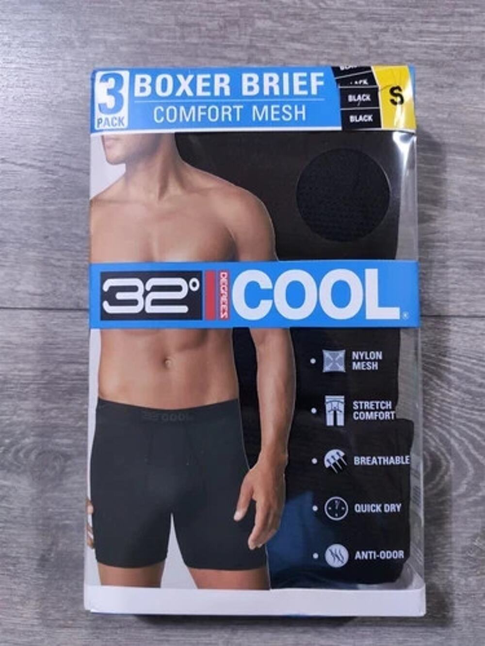32 Degrees Cool Boxer Briefs Mens Small 6-Pack Black Nylon Mesh Stretch Comfort